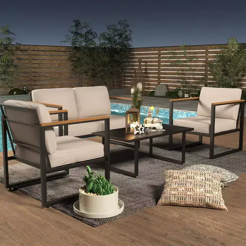 COZONY 4 Piece Outdoor Patio Set, Metal Conversation Chairs Coffee Table Sectional for Porch Balcony Garden
