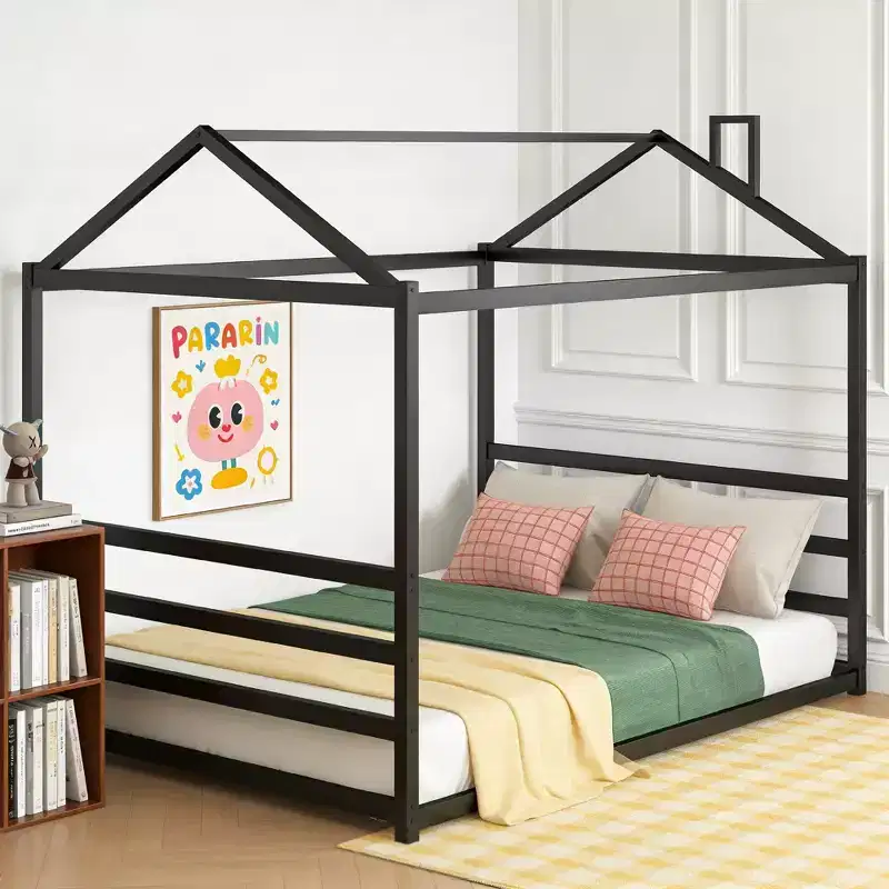 Queen Size Metal House Shape Bed, Black