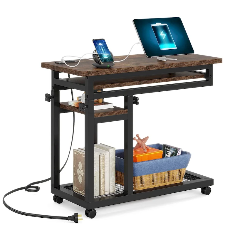 Height Adjustable Small Portable Desk, C Side Table with Outlet and USB Ports