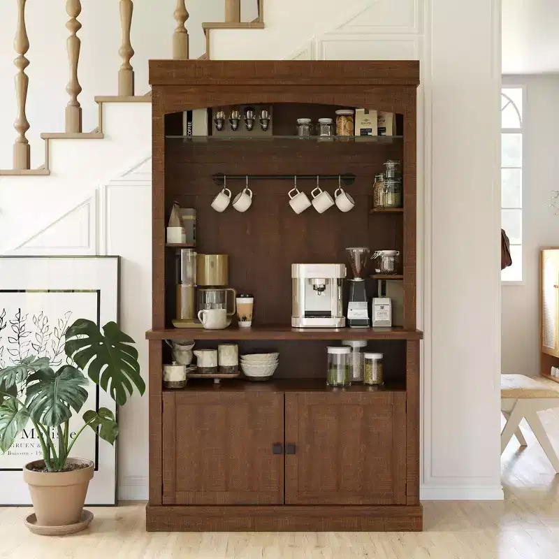 72 Tall Coffee Bar Cabinet with LED Lights, Farmhouse Kitchen Sideboard with Wine Rack & Glass Shelves, Buffet Storage Cabinet for Dining Room