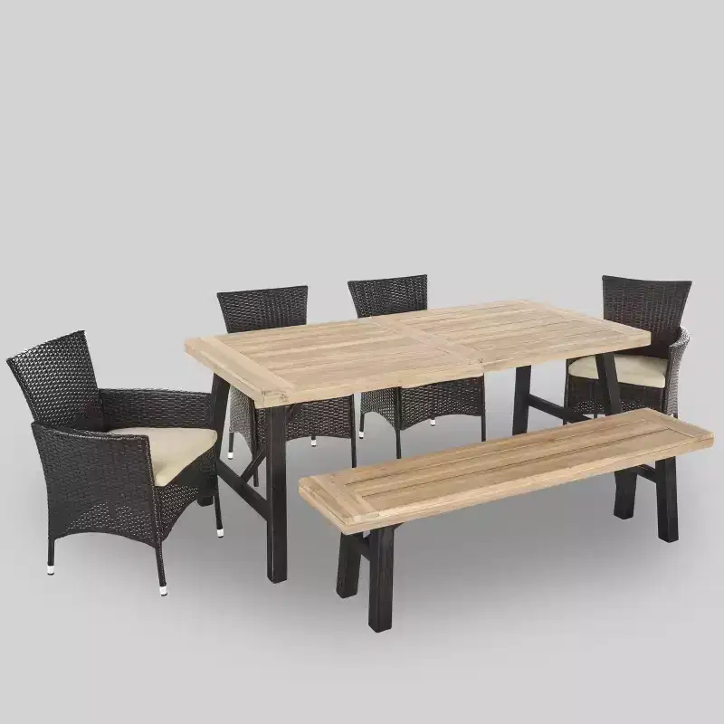 Jacks 6pc Acacia Wood & Wicker Patio Dining Set - Brown - Christopher Knight Home: Bench, Weather-Resistant, Galvanized Steel