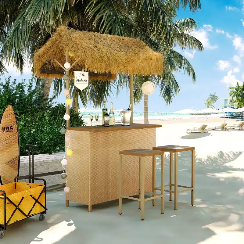 3pcs Patio Bar Set, Outdoor Bar Height Table and Stools with Canopy, Adjustable Feet, Wood Tabletop for Dining and Drinking, Natural -ModernLuxe