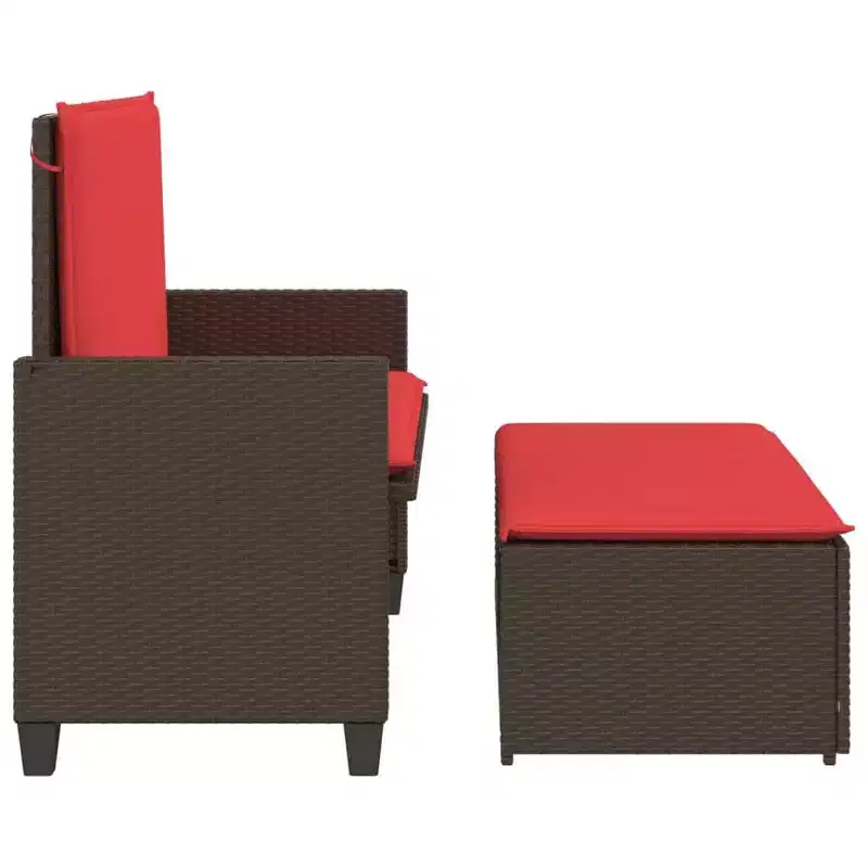 vidaXL Patio Bench with Cushions and Footstool Brown Poly Rattan