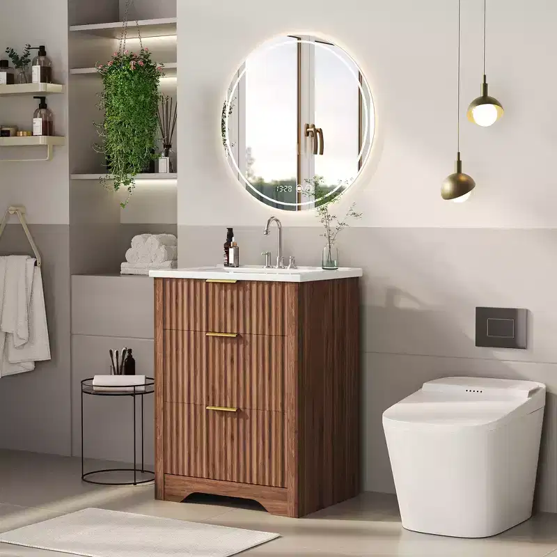 Modern Fluted Bathroom Vanity Set with Integrated Ceramic Basin Freestanding Bathroom Storage Vanity Cabinet with 3 Drawers for Contemporary Bathroom