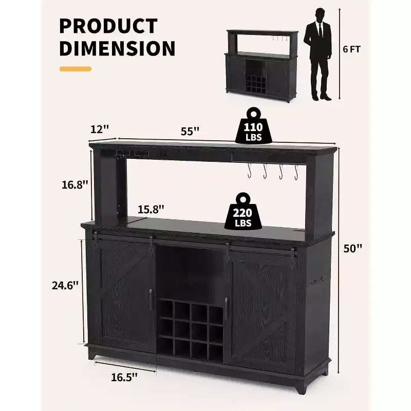 55 Coffee Bar Cabinet with LED Lights & Power Outlet, Barn Door, Wine Glass Rack & Storage for Dining Room