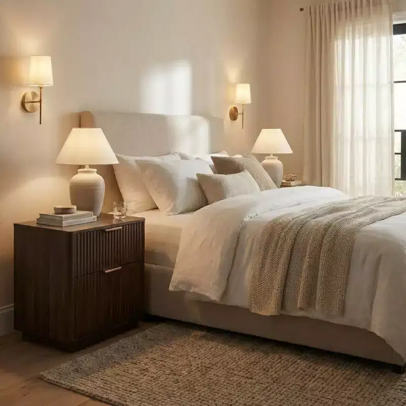 Modern Nightstand with Charging Station, 2 Drawer Fluted Design Bedside Table with Outlets USB for Bedroom Living Room