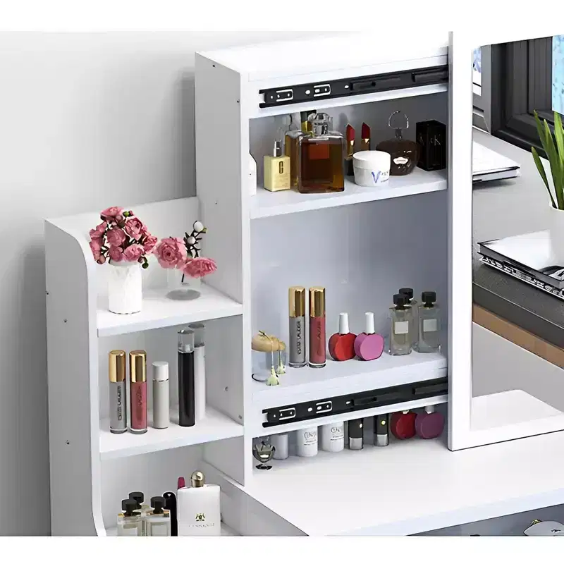 Modern Vanity Desk with Large Mirror, Makeup Vanity with 4 Drawers and Shelves, Girls Vanity with Chair for Bedroom, Vanity Room, White