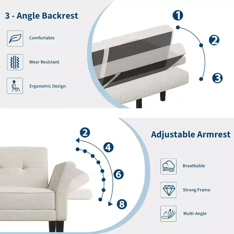 89 Futon Sofa Bed, Modern Sleeper Sofa with Adjustable Backrest & Armrest, Convertible Futon Couch Bed with 2 Pillows for Home Office