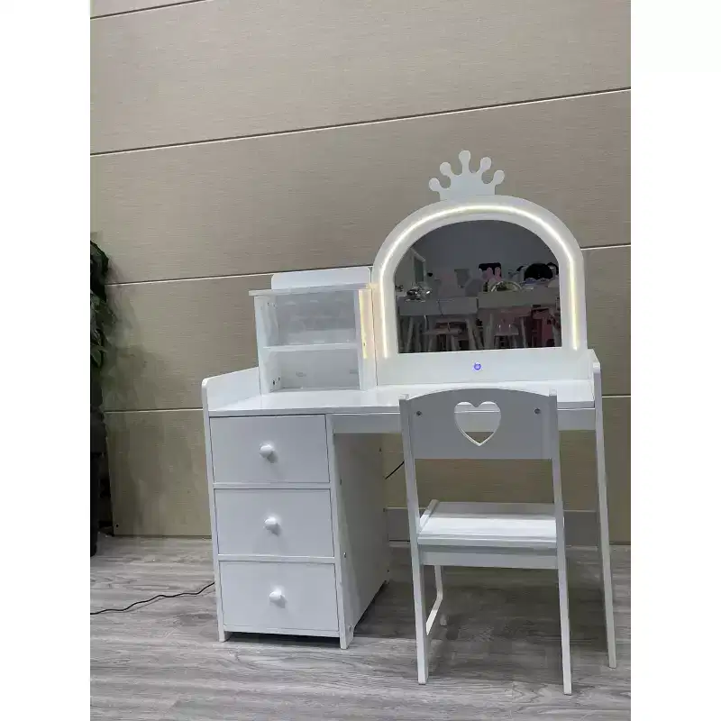 Kids Vanity Desk with Mirror and Lights, Princess Wooden Makeup Vanity with Chair, Storage Shelves and Drawers, 2-in-1 Girls Dressing Table