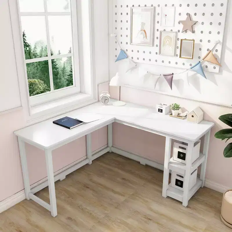 Solid Wood L-Shaped Corner Desk with Storage Shelves, 55.25