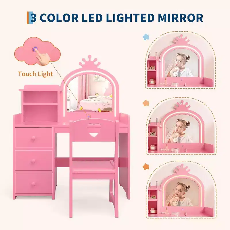 Acekool Kids White Princess Vanity Desk with Crown Mirror & LED Lights, Storage Drawers & Shelves, 2-in-1 Makeup and Activity Table with Chair