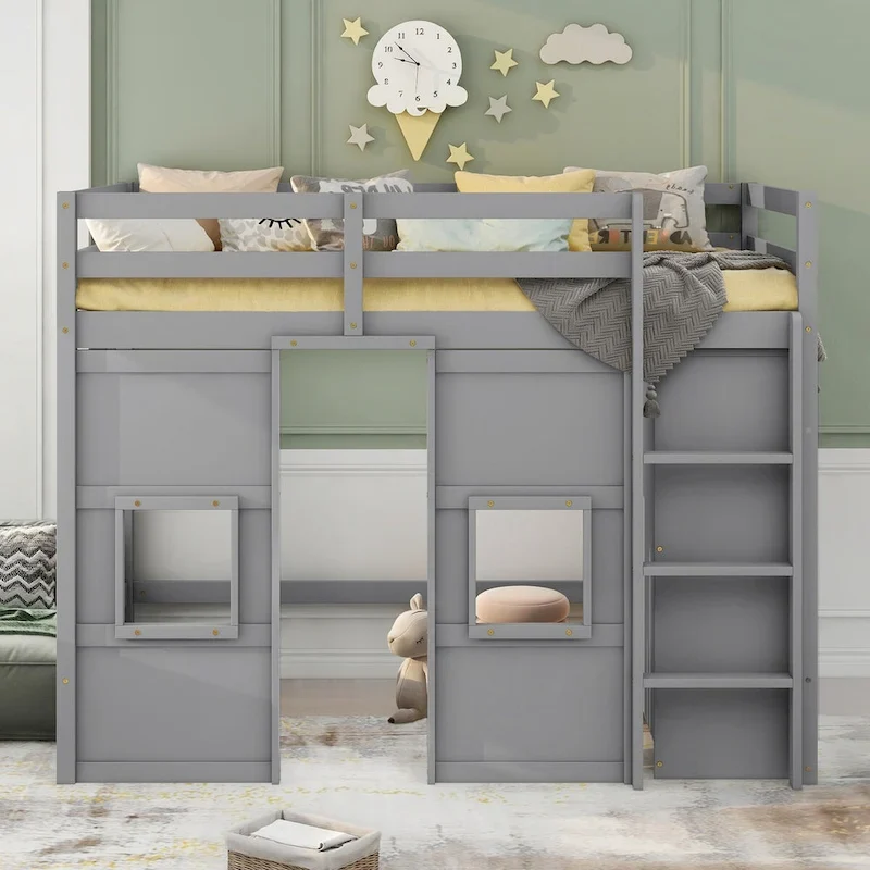 Twin Loft Bed with Wardrobe Kids Loft Bed with 2 Windows Twin Size Wood Playhouse Loft Bed Frame
