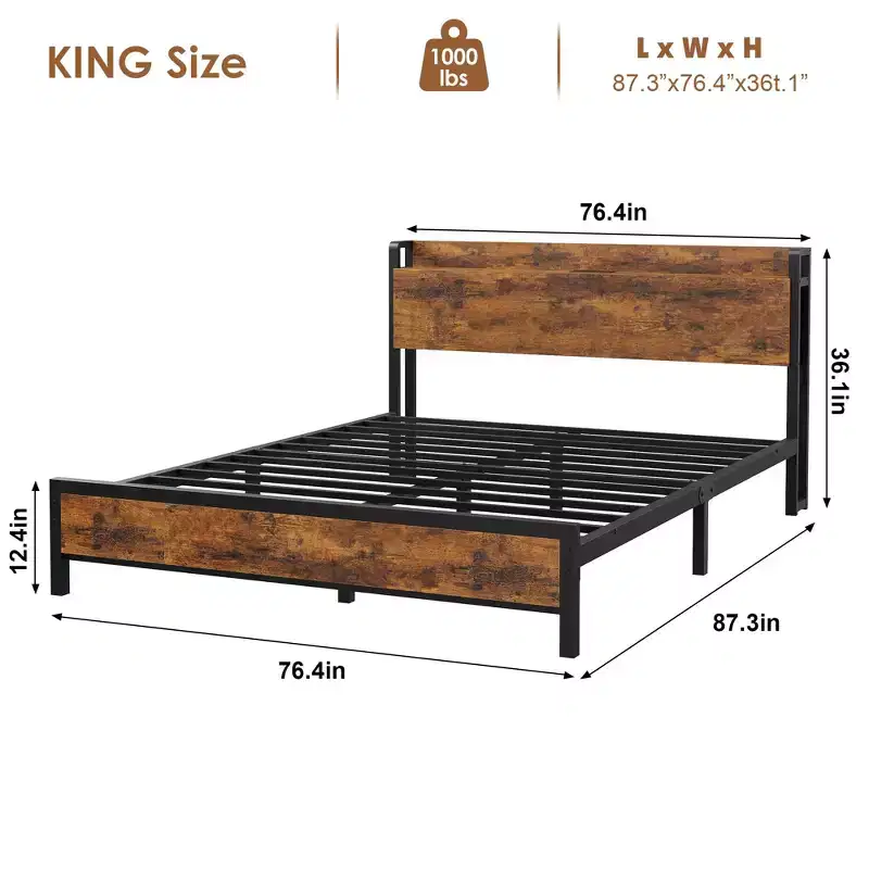 King Size Bed Frame with Storage Headboard, Industrial King Bed Platform with Charging Station and USB Ports, No Box Spring Needed - Rustic Brown