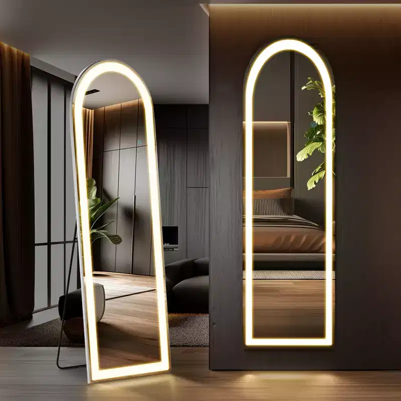 Full Length Mirror with LED Lights, 60-Inch Floor Mirror with Aluminum Alloy Frame, Standing or Wall-Mounted Full Body Mirror