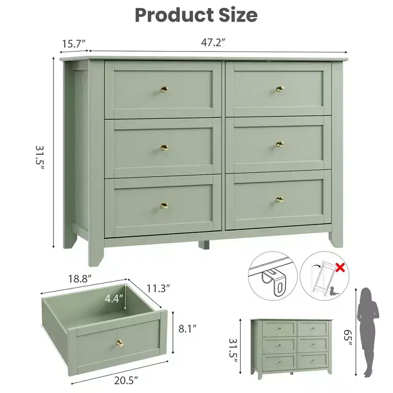 6 Drawer Dresser with Deep Drawers & Metal Knobs – Storage Chest for Bedroom, Hallway & Living Room