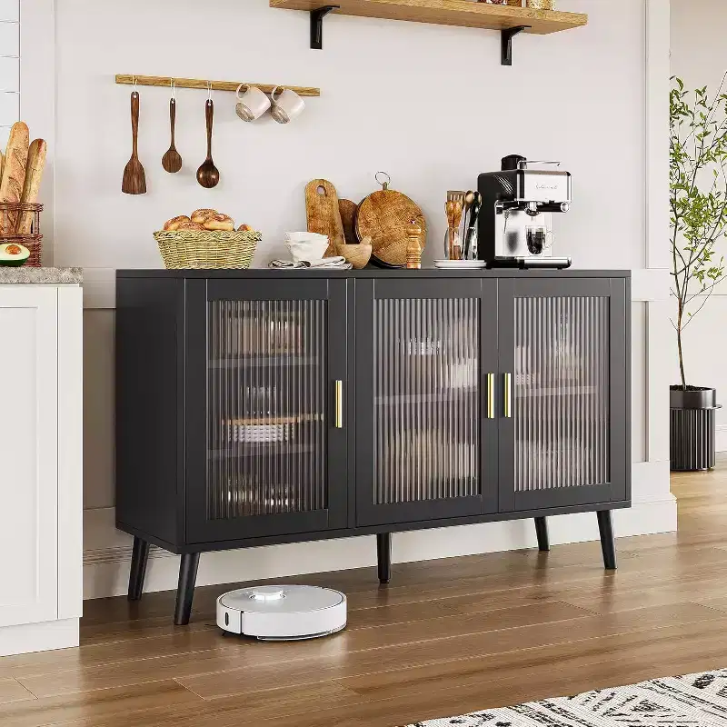 Acekool 48 Large TV Console Storage Cabinet, Modern Stand with 3 Fluted Glass Doors, 5 Adjustable Shelves, Black for Living Room