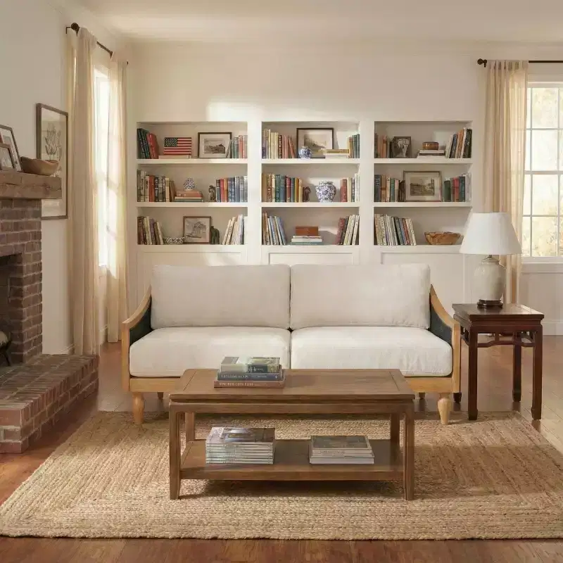 Mid-Century Loveseat Sofa with Soft Upholstery, Rattan Armrests & Wooden Legs, 2-Seater for Living Room