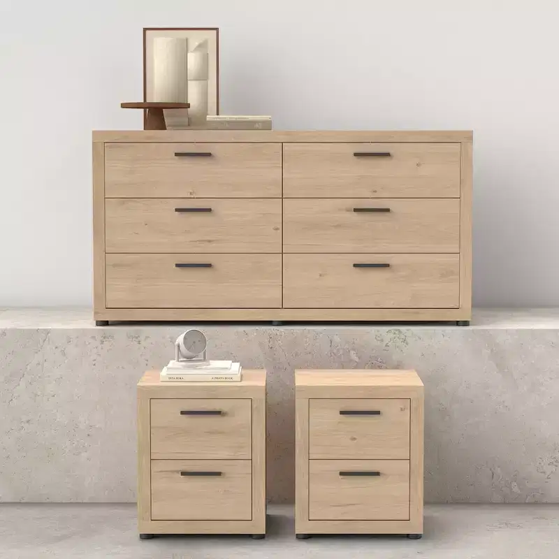 Tvilum, Mira 3-Piece Bedroom Set - 6 Drawer Double Dresser And Nightstand Set Of 2, Jackson Hickory