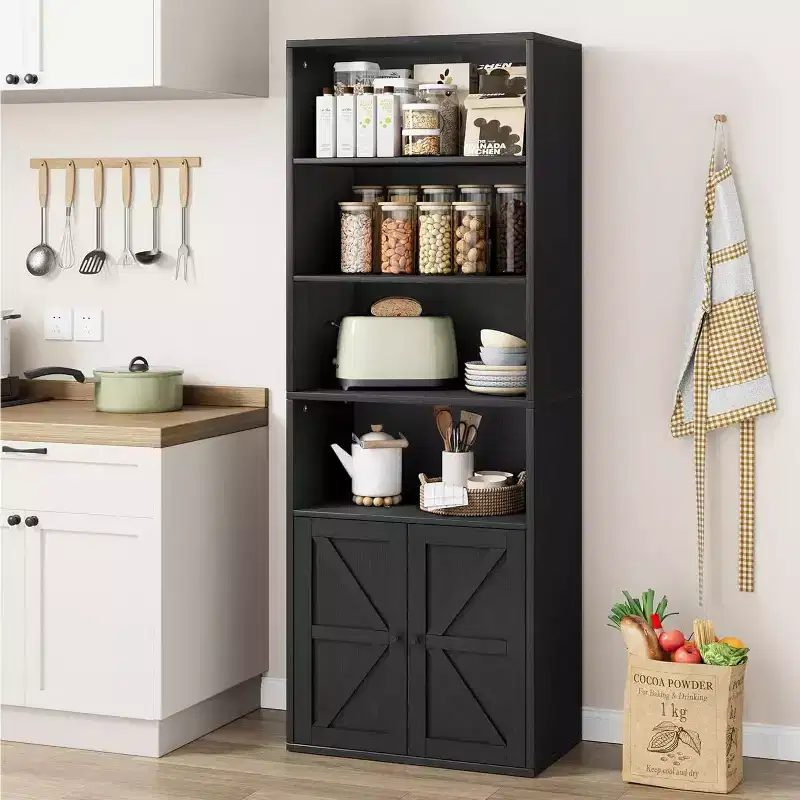Industrial Black Bookcase with Doors, 5-Shelf Storage, 11.8in Depth, 71.4in Tall, for Bedroom/Living Room/Office