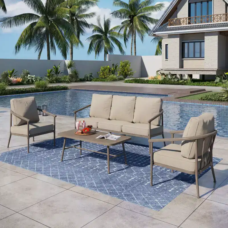 Captiva Designs 4PC Windsor Style Patio Outdoor Sofa Conversation Set with Armchairs for Deck Lawn Backyard