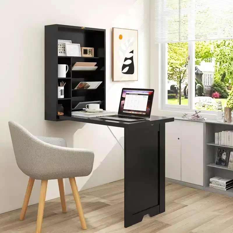 Wall Mounted Computer Convertible Desk Floating Desk w/ Storage Bookcases