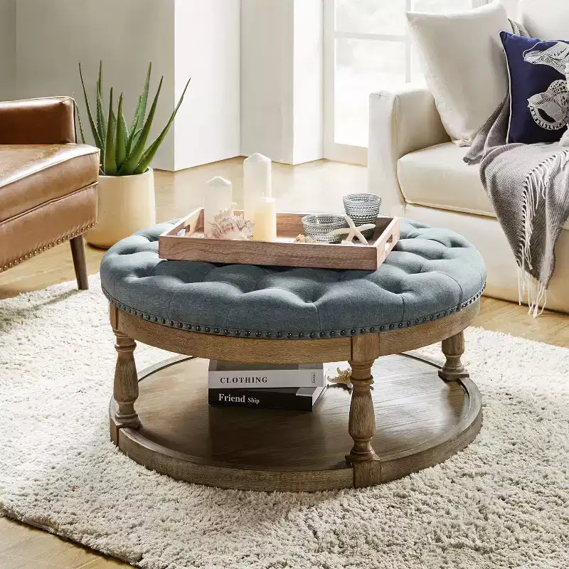 Illyria 36 Wide Transitional Tufted Round Cocktail Ottoman with Storage and Nailhead Trims for Bedroom and Living Room| ART OF LIVING DESIGNS