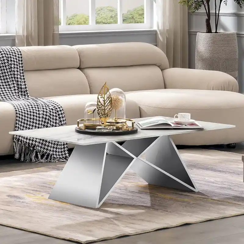 50 Inch Rectangle White Tempered Glass Coffee Table with Mirrored M-Shaped Base