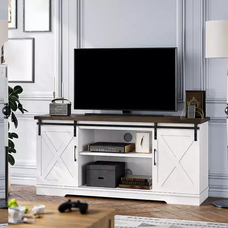 Farmhouse TV Stand for Televisions up to 65 Inches, Entertainment Center with Sliding Barn Doors, Storage CabinetsAdjustable, White & Brown