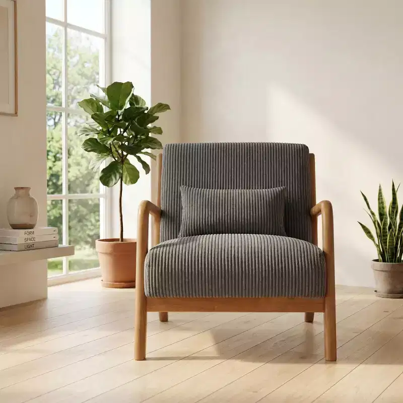 Corduroy Accent Chair with Solid Wood Frame, Upholstered Lounge Armchair with Pillow, Mid Century Reading Chair for Living Room Bedroom