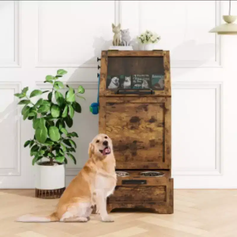 Vintage Brown Flip-Top Pet Food Storage Cabinet, Single