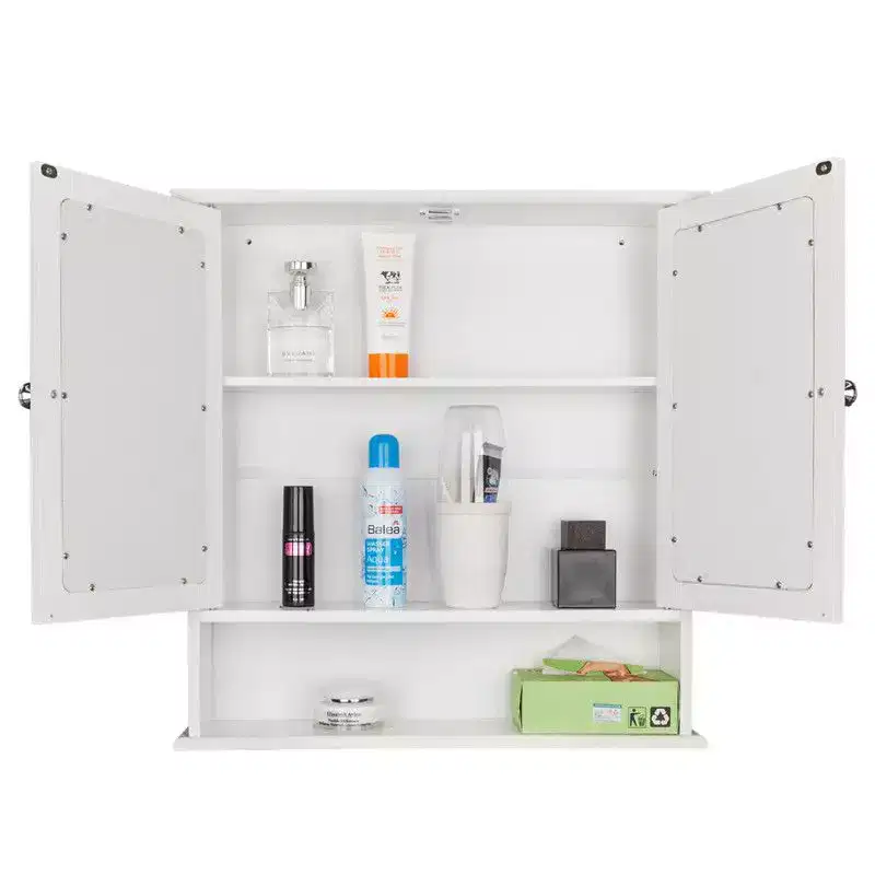 White Wall Cabinet with Double Mirror Doors, 3-Tier, 1-Person
