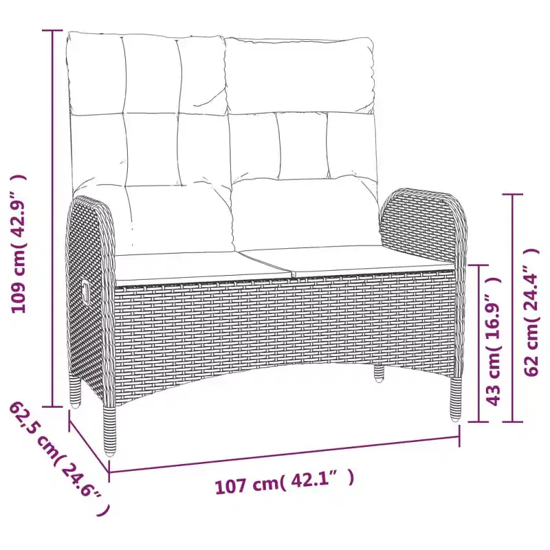 Reclining Garden Bench Grey PE rattan 42.1 in wide
