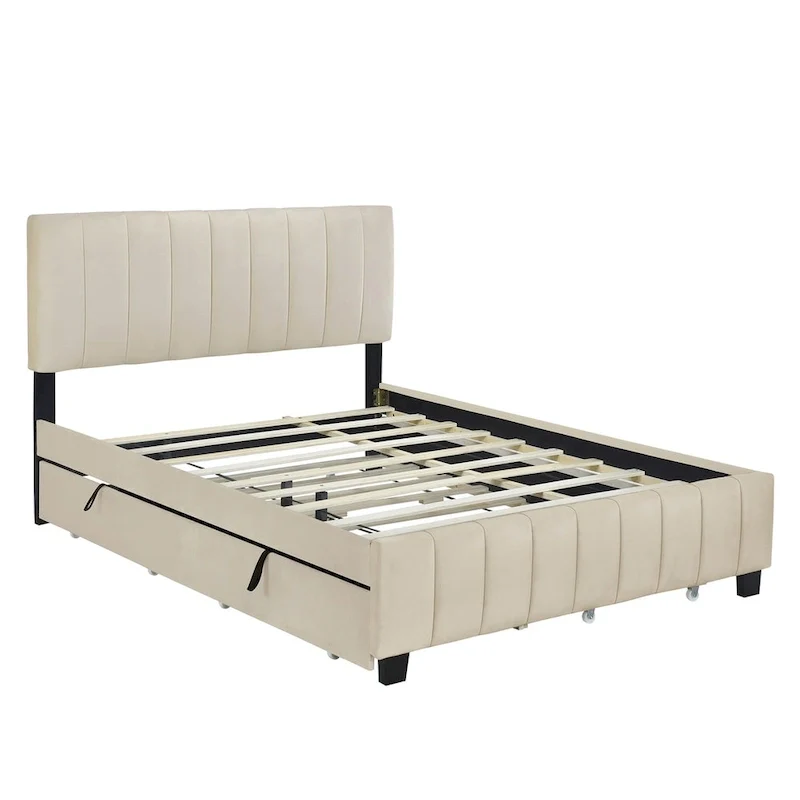 Queen Size Velvet Upholstered Platform Bed with 2 Drawers and 1 Twin XL Trundle