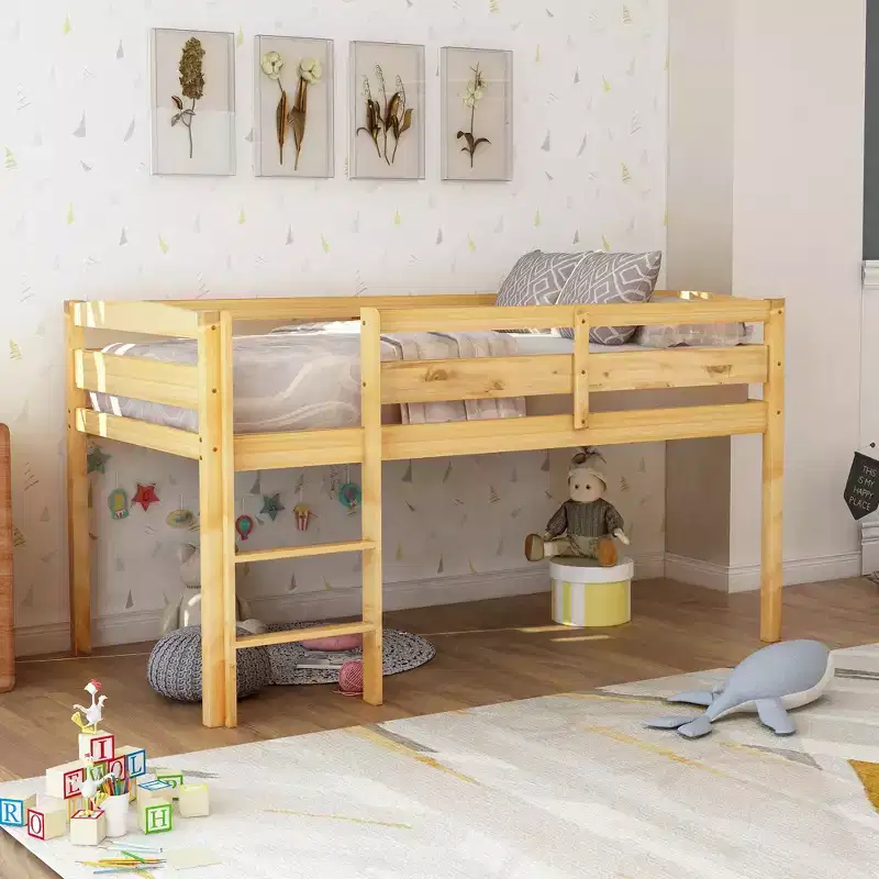 Low Loft Bed with Ladder, Wood Loft Bed Twin Size for Adults, Kids and Young Teens, Wood Slat Support Walnut