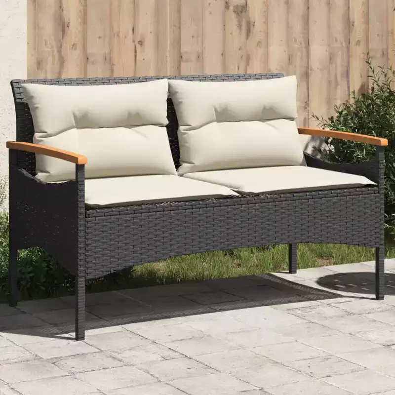 vidaXL Patio Bench with Cushions 45.7x24.6x29.1 Black Poly Rattan - Black