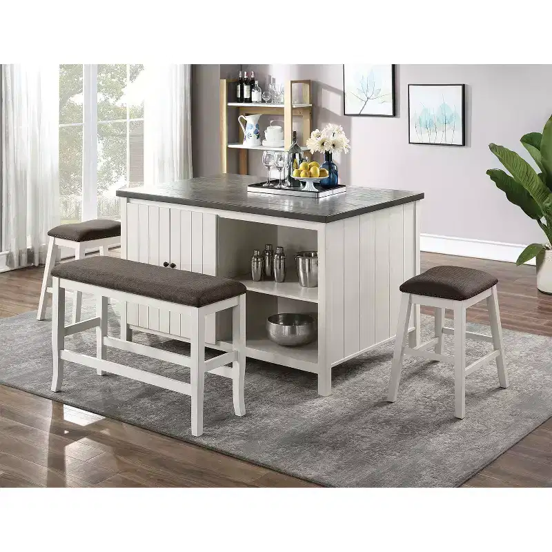 Upholstered Counter Height Bench in Off-White and Dark Gray