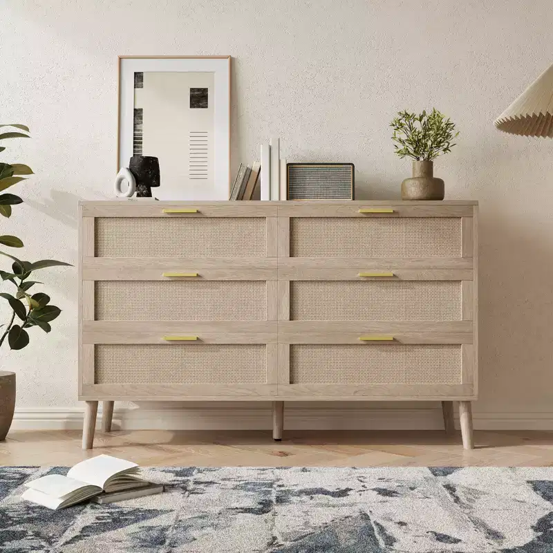 8 Drawer Dresser, Natural Rattan Dresser for Bedroom with 5 Strong Legs, Farmhouse Wood Chest of Drawer with Golden Handles