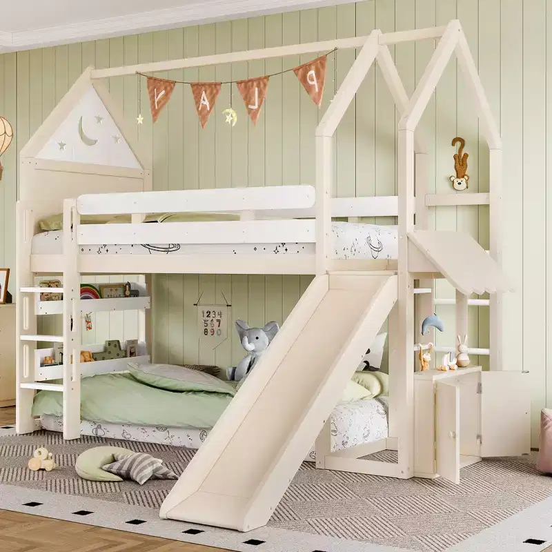 House Loft Bed with Bookshelf and Slide, Solid Wood House Loft Bed Frame with Safety Rails and Playful Design for Kids