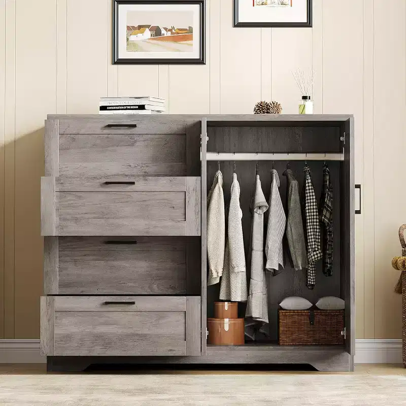 43.3 Low Dresser with 2 Doors & 4 Drawers - Multifunctional Wooden Wardrobe with Hanging Rod for Bedroom