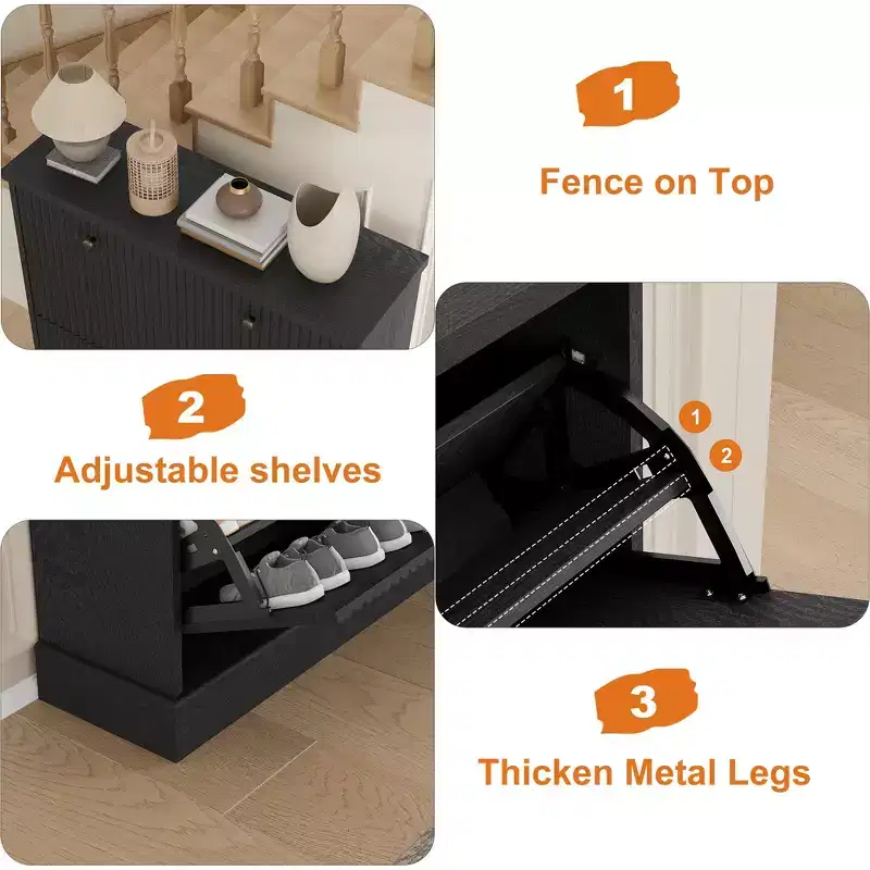 Shoe Cabinet with 2 Turnover Drawers - Fluted Narrow Entryway Storage - Adjustable & Removable Shelves - Modern Freestanding Shoe Organizer