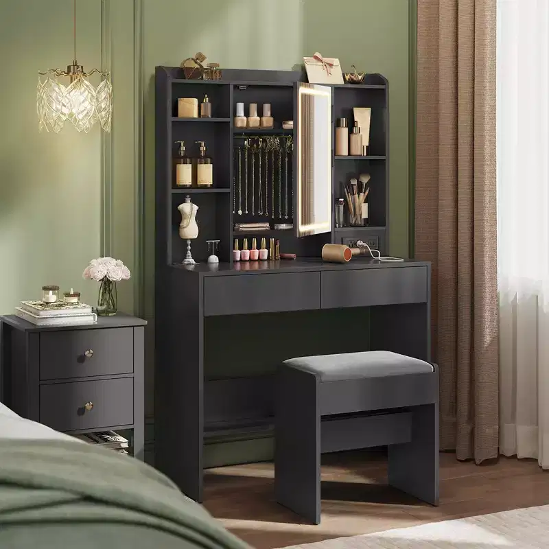 VASAGLE Vanity Desk, Makeup Vanity with Mirror and Lights, Upholstered Vanity Stool, 6 Compartments, 2 Drawers