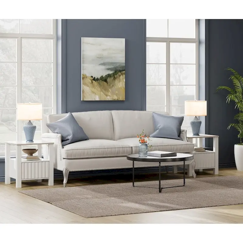 End Side Table with LED Light, White Nightstand with Storage(Set of 2)