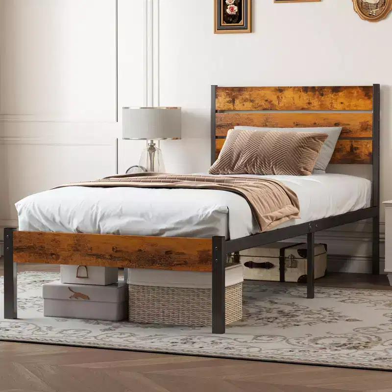 MAYEERTY Industrial Metal Platform Bed Frame with Wood Headboard & Footboard, 800lbs Load Capacity & 12.8 Underbed Storage