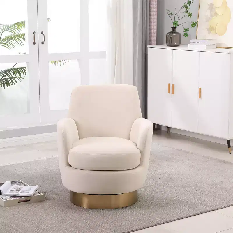 Swivel Barrel Chair, Round Accent Armchair With Gold Stainless Steel Base, Modern 360 Reading Chair for Living Room or Bedroom