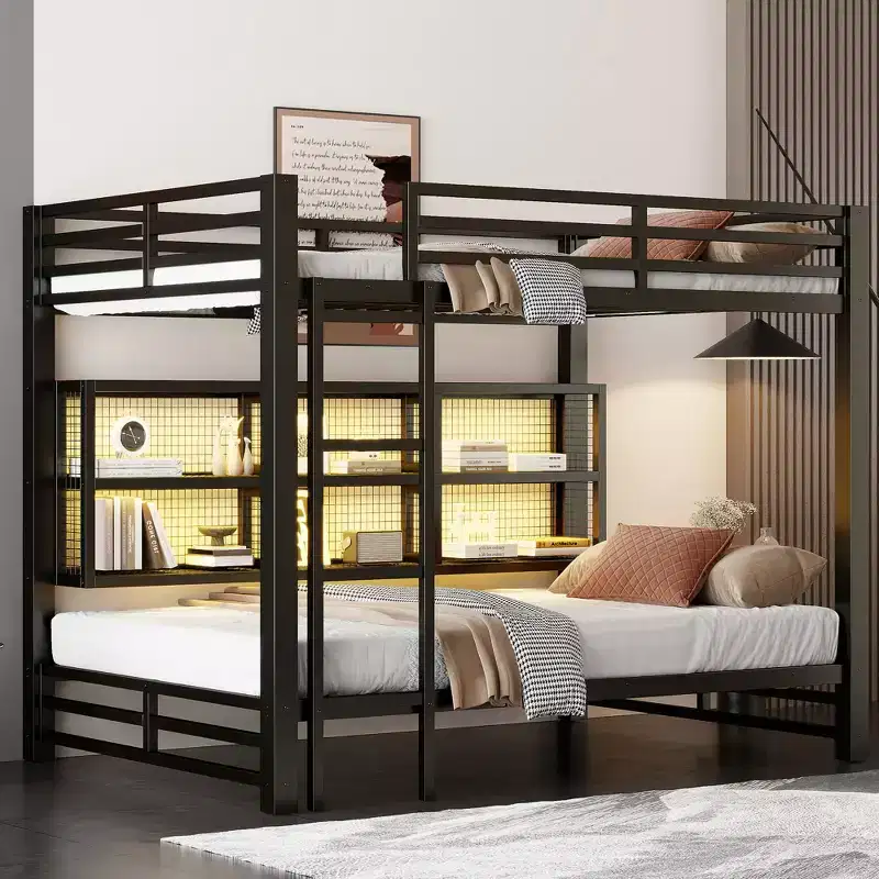 Metal Queen over Queen Bunk Bed with Storage Cabinets and LED, Black