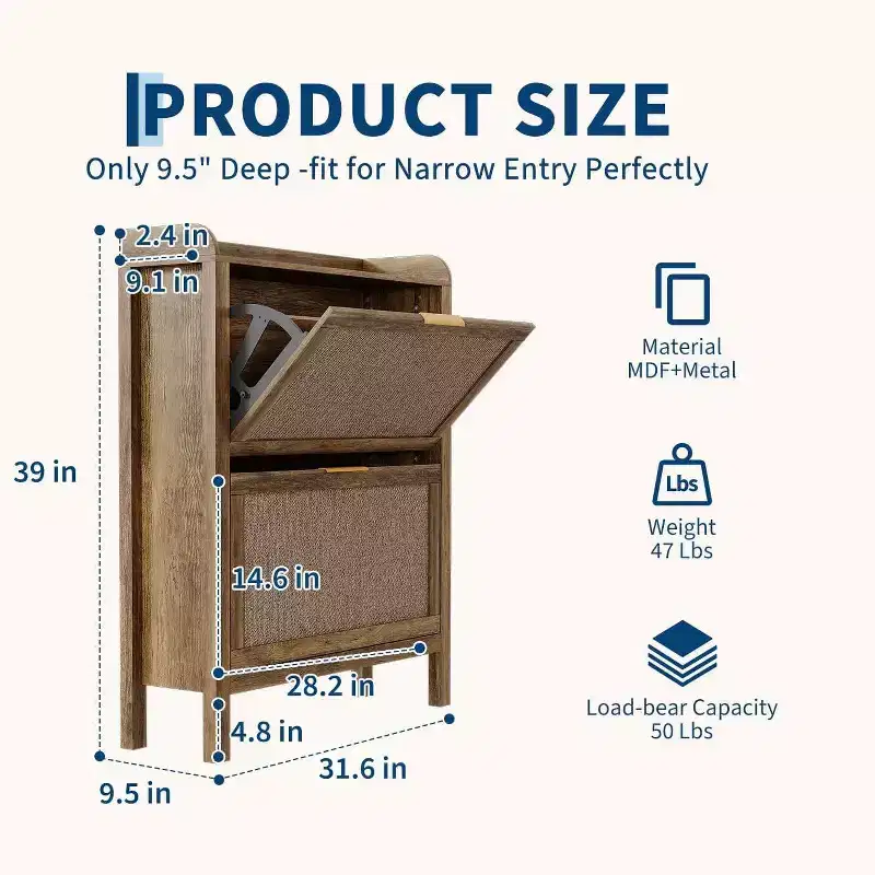 GustoWave 32 Narrow Rattan Shoe Storage Cabinet with 2 Flip-Down Drawers, Brown