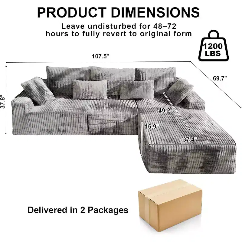 MooxvMoo 107.5 Modular Sectional Sofa, L Shaped Boneless Couches with Chaise & Throw Pillow for Living Room, Gray