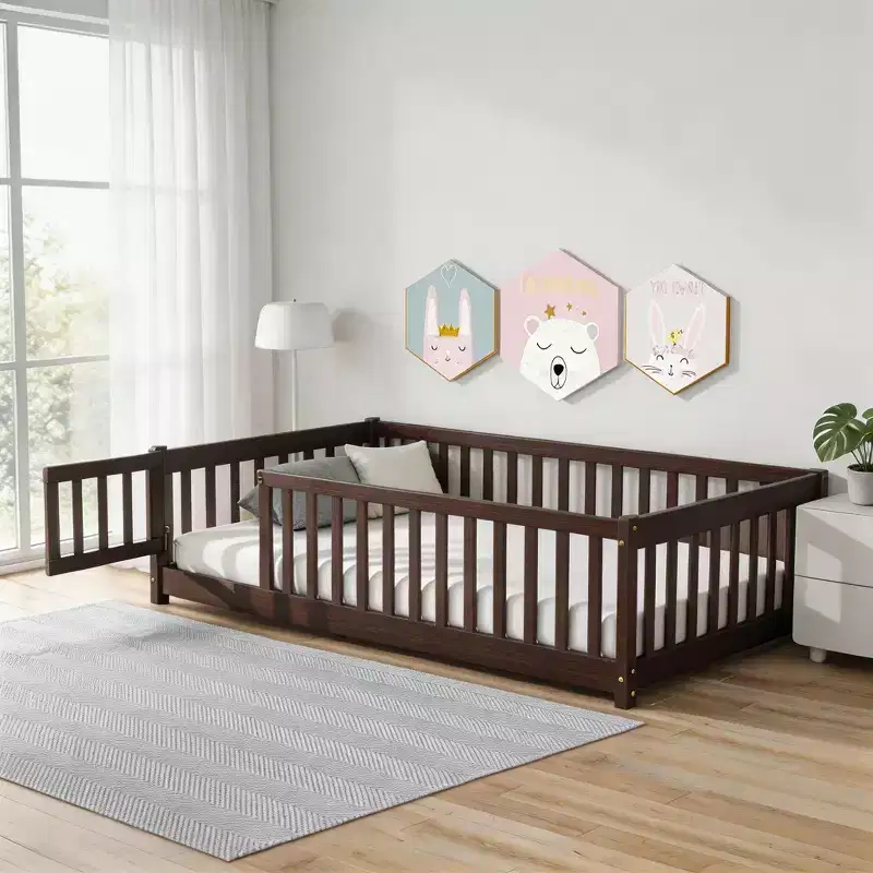 Sailvan Twin Floor Bed with Fence and Door,Solid Wood Kids Bed Frame for Toddlers