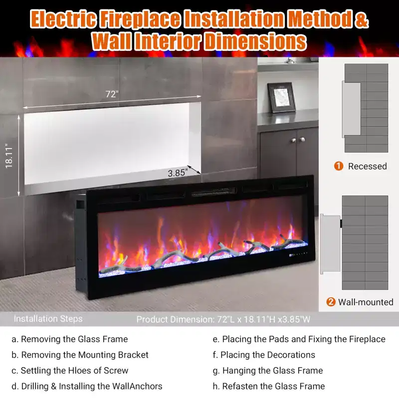 72in Electric Fireplace Wall Insert, 12 Flame Color Recessed Wall Mount Fireplace with Dual Heat 750w/1500w, Voice Control Smart Fireplace