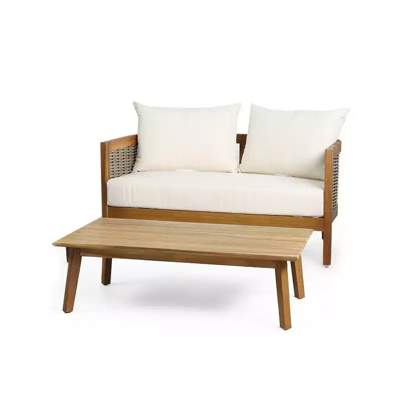 Christopher Knight Home Burchett Patio 2 Piece Acacia Wood and Wicker Conversation Set with Cushions